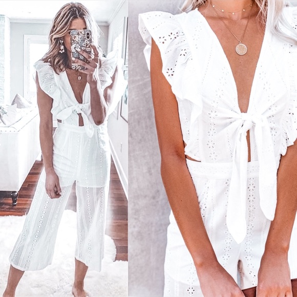 Pants - NEW! White Ruffle Sleeve Eyelet Lace Jumpsuit